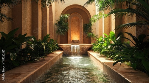 Tranquil Indoor Water Feature Surrounded by Lush Greenery