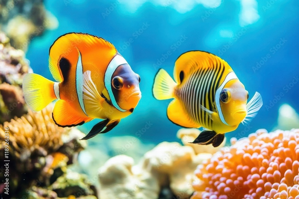 Fototapeta premium Vibrant Tropical Fish Swimming in Coral Reef with Colorful Coral, Underwater Scene Captured in Crystal Clear Waters, Perfect for Marine Life Enthusiasts and Nature Lovers