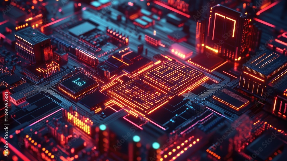 Neon-lit circuit boards a cityscape Neon-lit circuit boards a cityscape