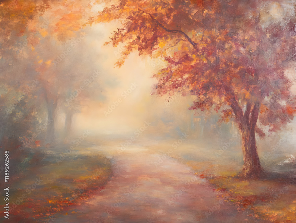 A serene autumn landscape with a foggy path and vibrant fall foliage. A serene autumn landscape with a foggy path and vibrant fall foliage.
