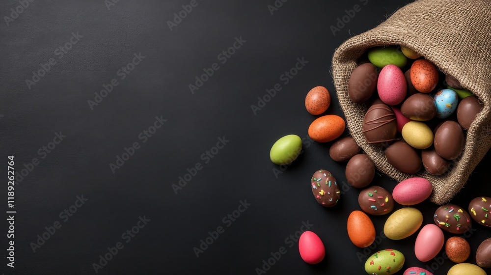 A flat lay of colorful chocolate eggs spilling out of a burlap sack A flat lay of colorful chocolate eggs spilling out of a burlap sack