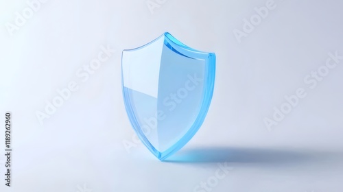 Transparent blue glass shield icon on white background.