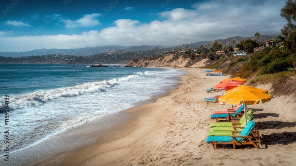 Colorful beach umbrellas and lounge chairs on a sunny beach with ocean waves and coastal hills. Colorful beach umbrellas and lounge chairs on a sunny beach with ocean waves and coastal hills.
