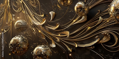 Golden ornaments, often used for festive or elegant decorations, featuring intricate designs and a shiny finish.