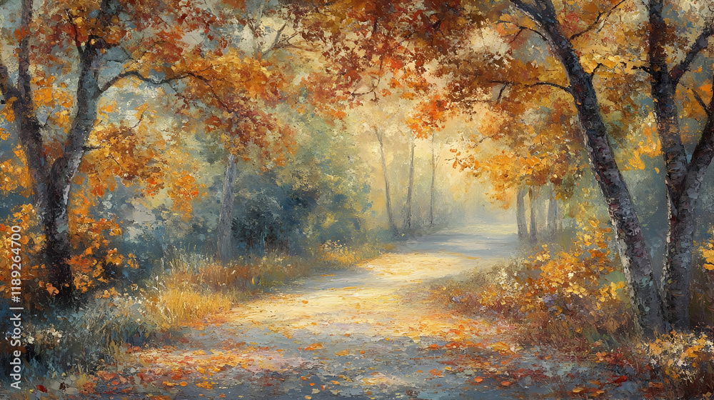 A serene autumn landscape with a winding path surrounded by colorful foliage. A serene autumn landscape with a winding path surrounded by colorful foliage.