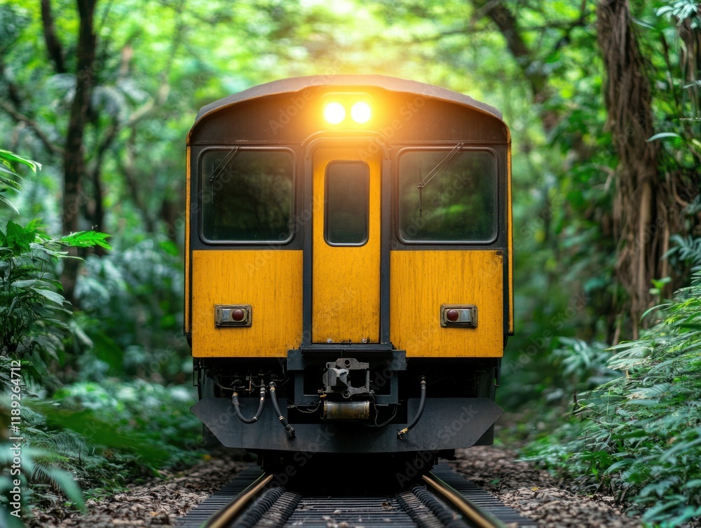 Naklejka premium Vibrant Train Emerging from Dense Greenery in Serene Jungle Environment with Soft Lights Illuminating the Path Ahead for Nature Lovers and Adventure Seekers