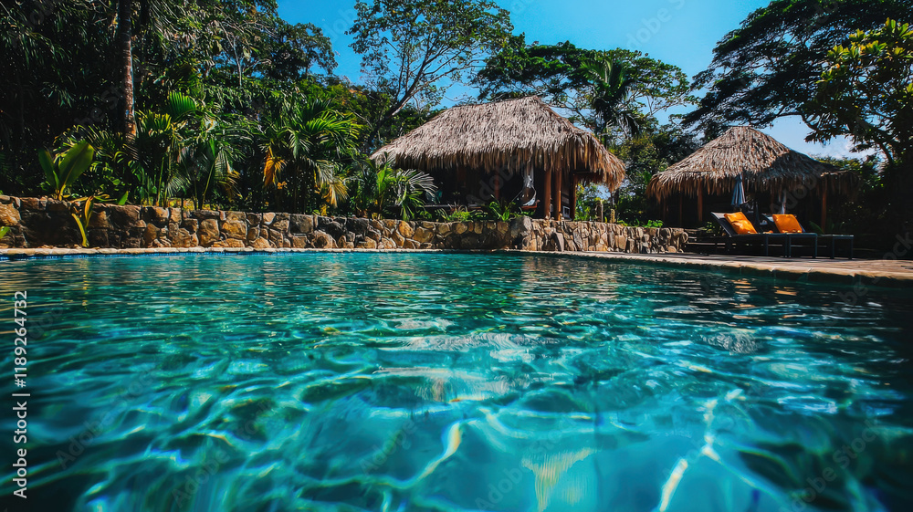 Obraz premium A tropical island resort featuring a clear blue pool, thatched-roof cabanas, and crystal-clear waters just a few steps away—ideal for luxury travel, beach vacations, and tropical escapes. 