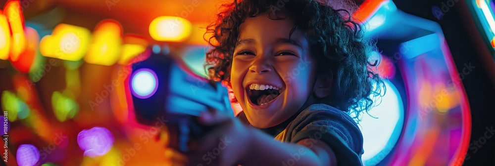 Fototapeta premium Joyful Hispanic child playing in colorful arcade with futuristic vibes