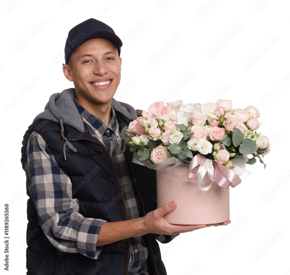 Smiling delivery man holding gift box with beautiful floral composition on white background Smiling delivery man holding gift box with beautiful floral composition on white background