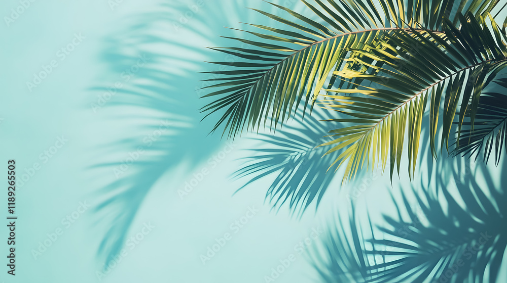Fototapeta premium A summer-themed image featuring palm tree shadows on a blue background.