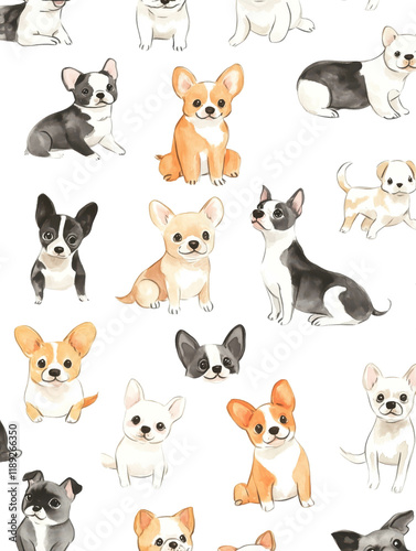 watercolor illustration of Seamless hand-drawn pattern of various small cute and playful dogs on a clean white background. The dogs are illustrated in a whimsical, cartoon style,
