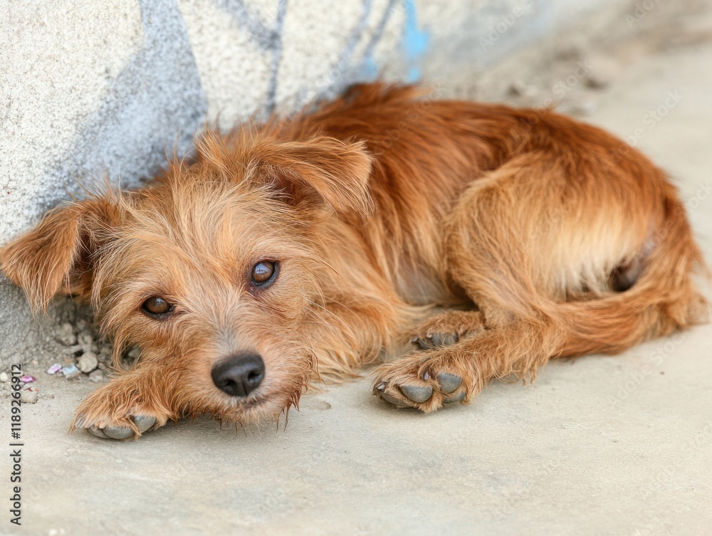 Small brown dog relaxing on the ground beside a concrete wall, with soft fur and curious expression, capturing a moment of tranquility and comfort in a serene environment. Small brown dog relaxing on the ground beside a concrete wall, with soft fur and curious expression, capturing a moment of tranquility and comfort in a serene environment.