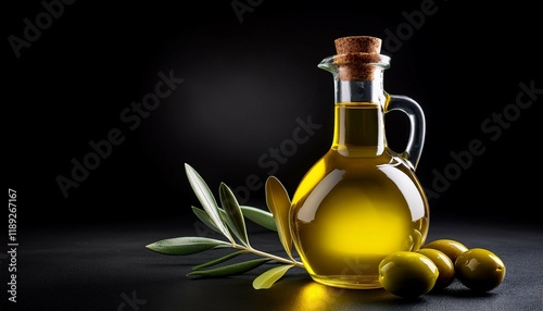olive mediterranean oil next to some olives and leaves black backround