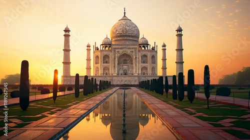 A photo of the Taj Mahal at sunrise