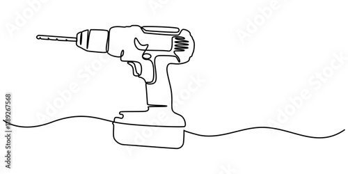Electric Drill with Spiral Bit Continuous Line Art for Precision in Construction and Manufacturing, electric drill one continuous line drawing vector illustration, Continuous Line Drawing of Cordless.