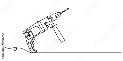 Electric Drill with Spiral Bit Continuous Line Art for Precision in Construction and Manufacturing, electric drill one continuous line drawing vector illustration, Continuous Line Drawing of Cordless.