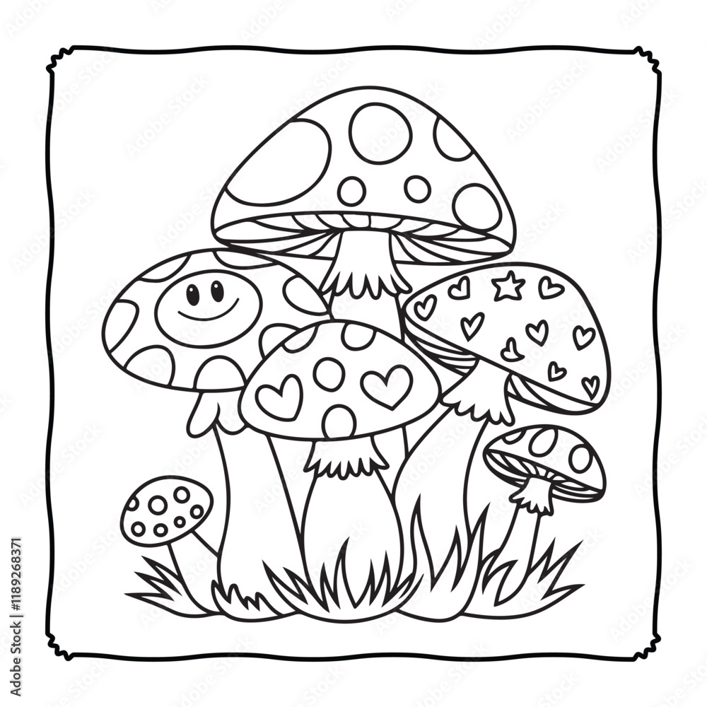 Cute and Cozy Coloring page, Bold and easy Coloring Page, Mushroom coloring page, line art, black and white image Cute and Cozy Coloring page, Bold and easy Coloring Page, Mushroom coloring page, line art, black and white image