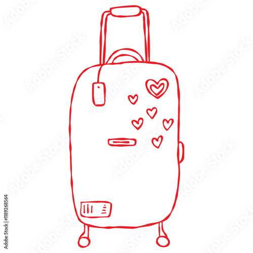 Suitcase on wheels for traveling. Hand drawn doodle style, red contour, white background. Line art style. Travel luggage concept. Love themed illustration. Honeymoon, Valentine, anniversary