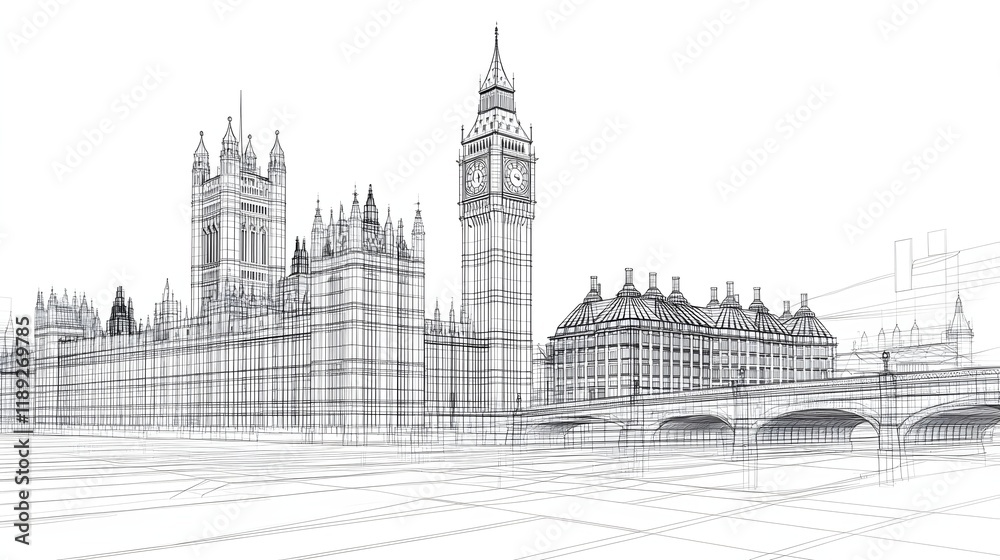 3D wireframe illustration of London city featuring Big Ben Tower. concept for such as architectural design, cityscape visualization, urban planning, tourism or modern engineering. 3D wireframe illustration of London city featuring Big Ben Tower. concept for such as architectural design, cityscape visualization, urban planning, tourism or modern engineering.