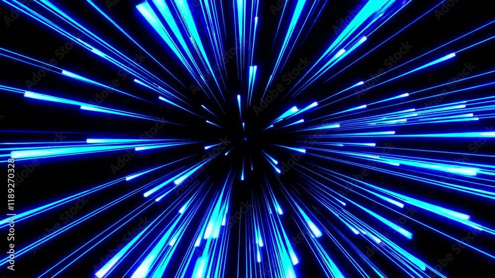 An abstract representation of vibrant blue light beams radiating from a central point, creating a sense of energy and motion.