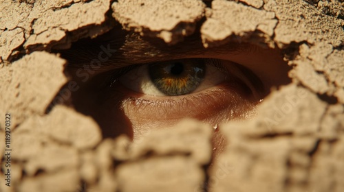 Eye Peering Through Cracked Earth, Symbolizing Environmental Change and Human Connection to Nature in a Dry Landscape, Highlighting Struggle and Resilience photo