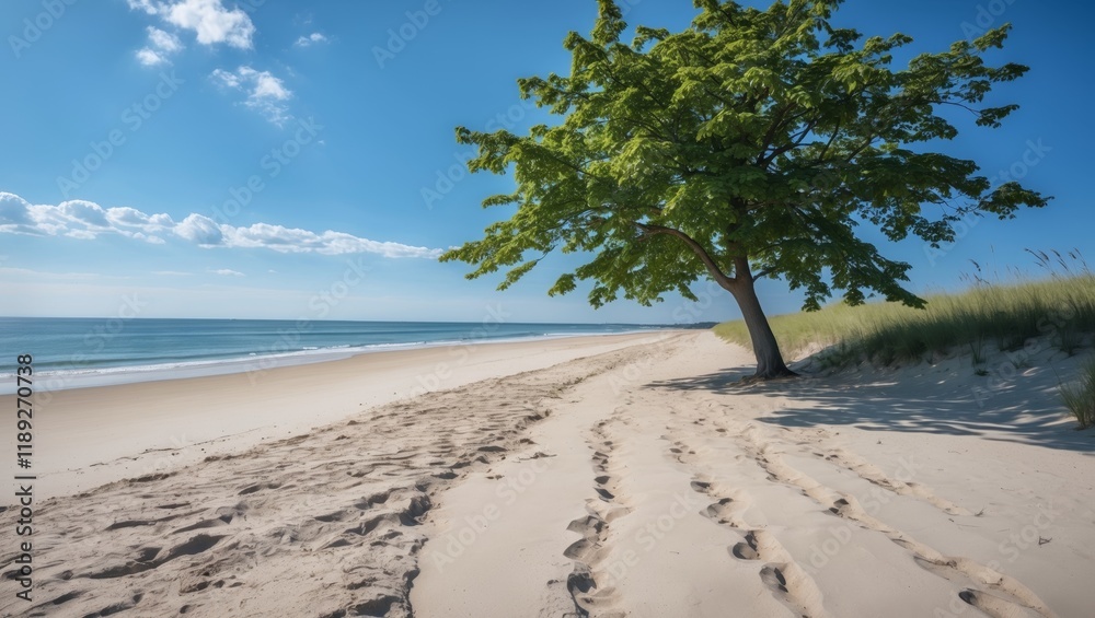 Sandy beach under clear sky with lush summer tree Sandy beach under clear sky with lush summer tree