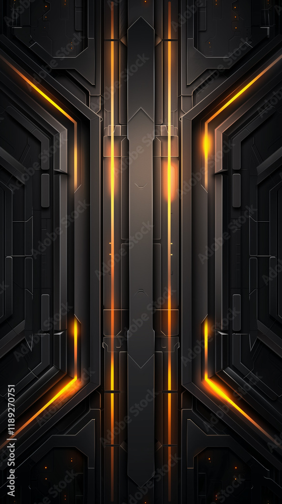 Fototapeta premium High-tech futuristic background with glowing yellow neon lines on a dark metallic surface