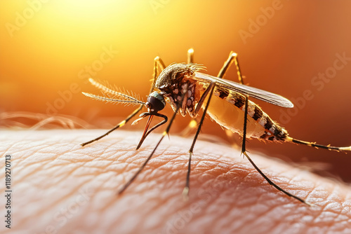 Close-up of a mosquito resting on human skin in a natural setting photo