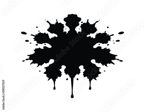 black ink splatter forming a unique, symmetrical design with dripping elements, suitable for abstract art or psychological assessment visuals