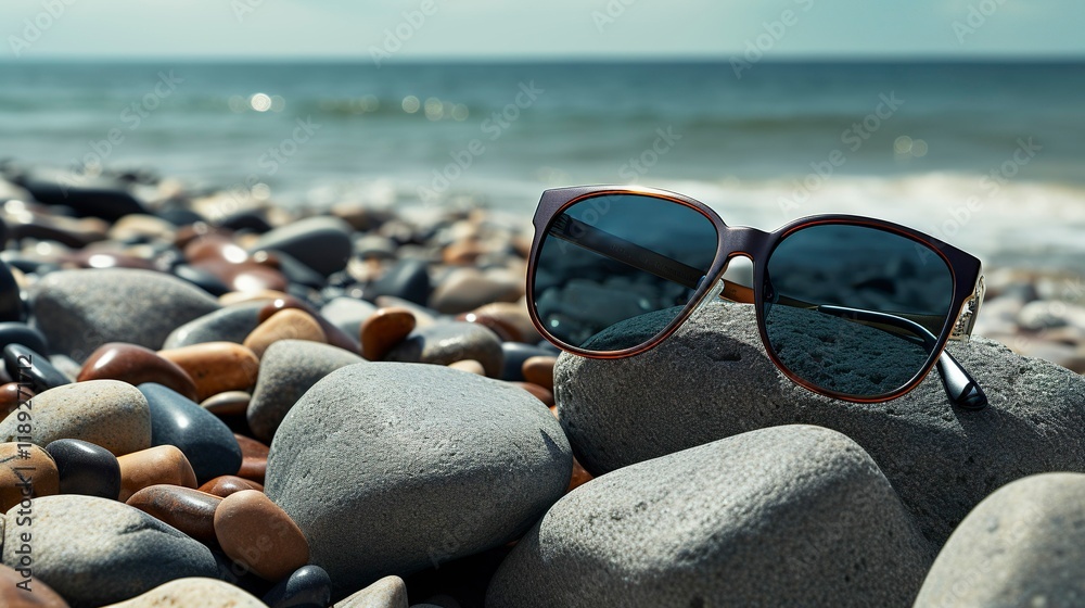 A photo of sunglasses and stones in a beach set