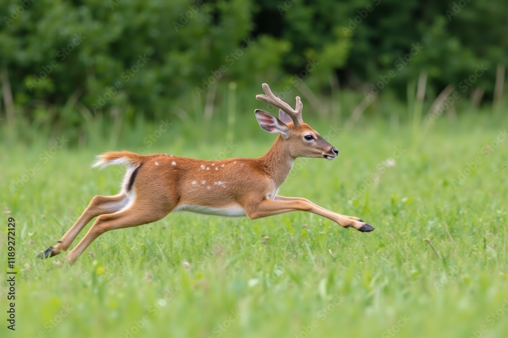 Young Deer Leaping Through Verdant Grass Young Deer Leaping Through Verdant Grass