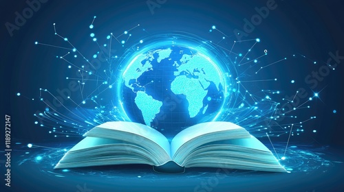 Futuristic global education with open book and planet map on blue background
