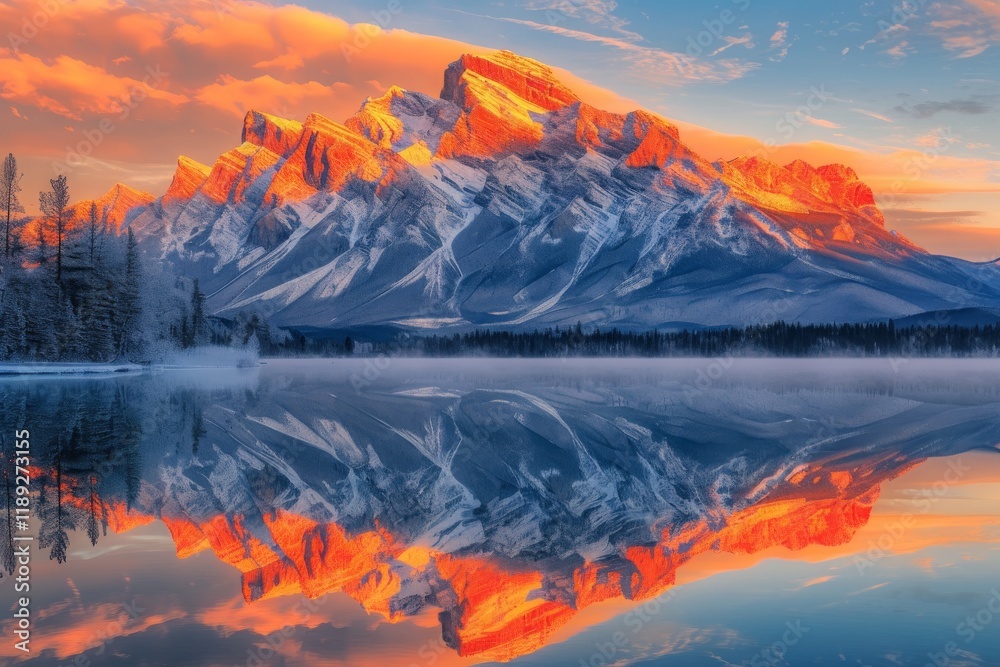 Naklejka premium Early morning light casts an orange glow on the mountain peaks surrounding Lake M, creating a stunning reflection on the calm waters as the new day begins