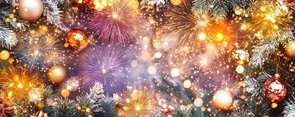 Fototapeta premium Festive fireworks & ornaments on a Christmas tree. Holiday celebration background