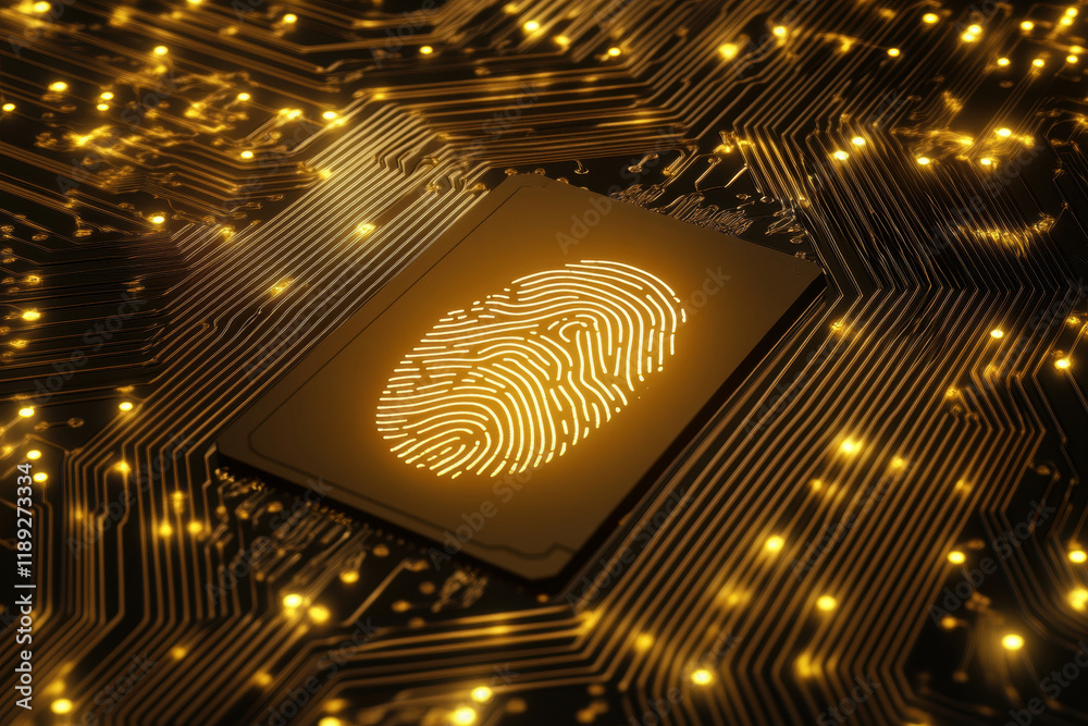 Fototapeta premium Fingerprint authentication on a glowing microchip circuit background