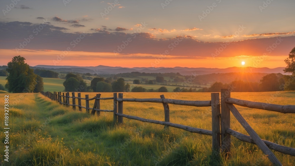 Serene sunset over scenic meadow with fence Serene sunset over scenic meadow with fence