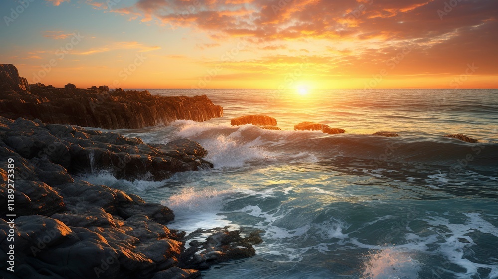 A photo of a beach sunset with a rocky coastline A photo of a beach sunset with a rocky coastline