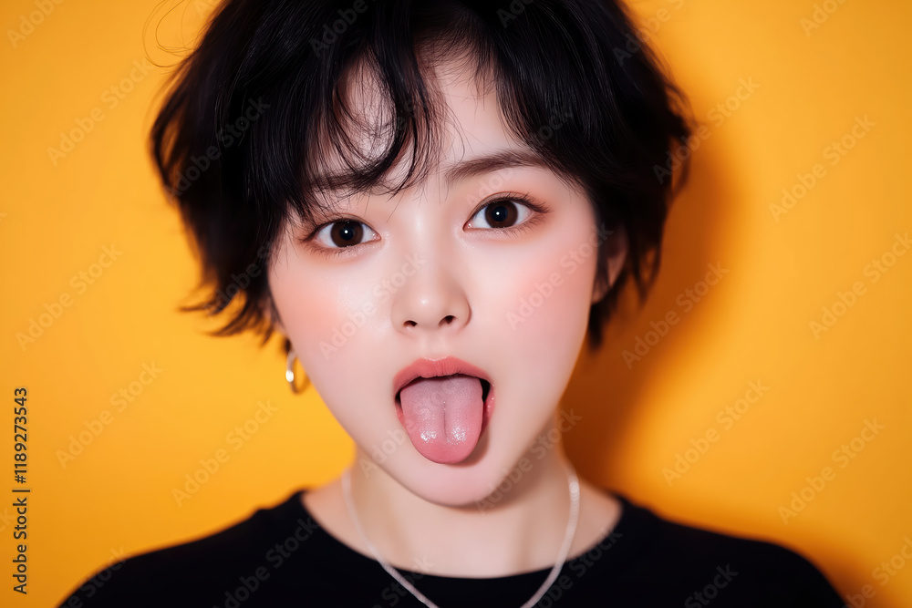 Young Asian woman making a playful expression against a vibrant yellow background Young Asian woman making a playful expression against a vibrant yellow background