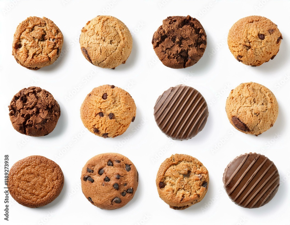 A collection of various cookies, including chocolate chip, sugar, and butter cookies, arranged on a white background. A collection of various cookies, including chocolate chip, sugar, and butter cookies, arranged on a white background.