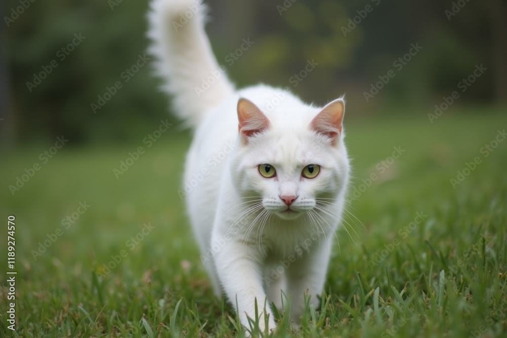 Green-Eyed Feline Curiosity in a Blurred Grass Background Green-Eyed Feline Curiosity in a Blurred Grass Background