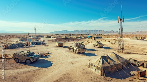Military Base in Desert Landscape with Vehicles and Communication Tower