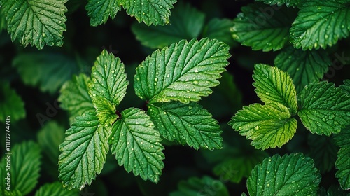 Macro Close-Up of Vibrant Green Leaves with Dew Drops