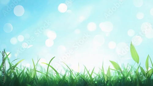 Lush Green Grass Under a Clear Blue Sky with Blurred Bokeh Effect