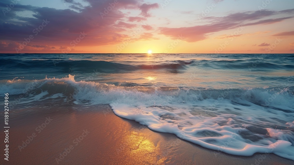 Fototapeta premium A photo of a beach sunset with gentle waves lapping