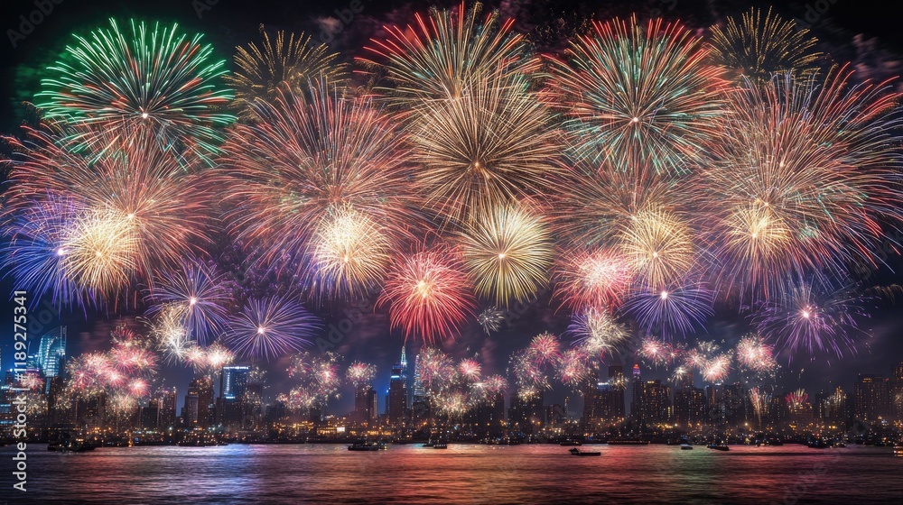 Fototapeta premium Cityscape fireworks display over water