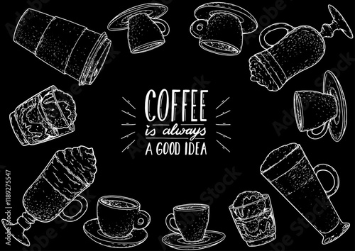 Coffee hand drawn illustration. Coffee sketch, menu design elements. Vector illustration. Cups of coffee