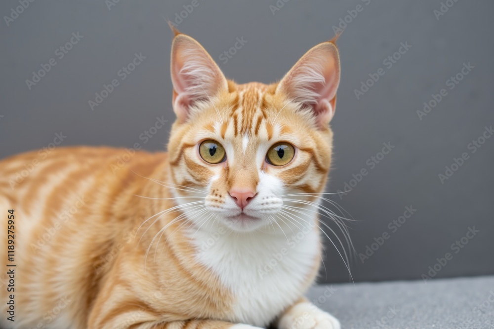 Relaxed Orange Cat with White Patches Gazing Comfortably on a Gray Surface
