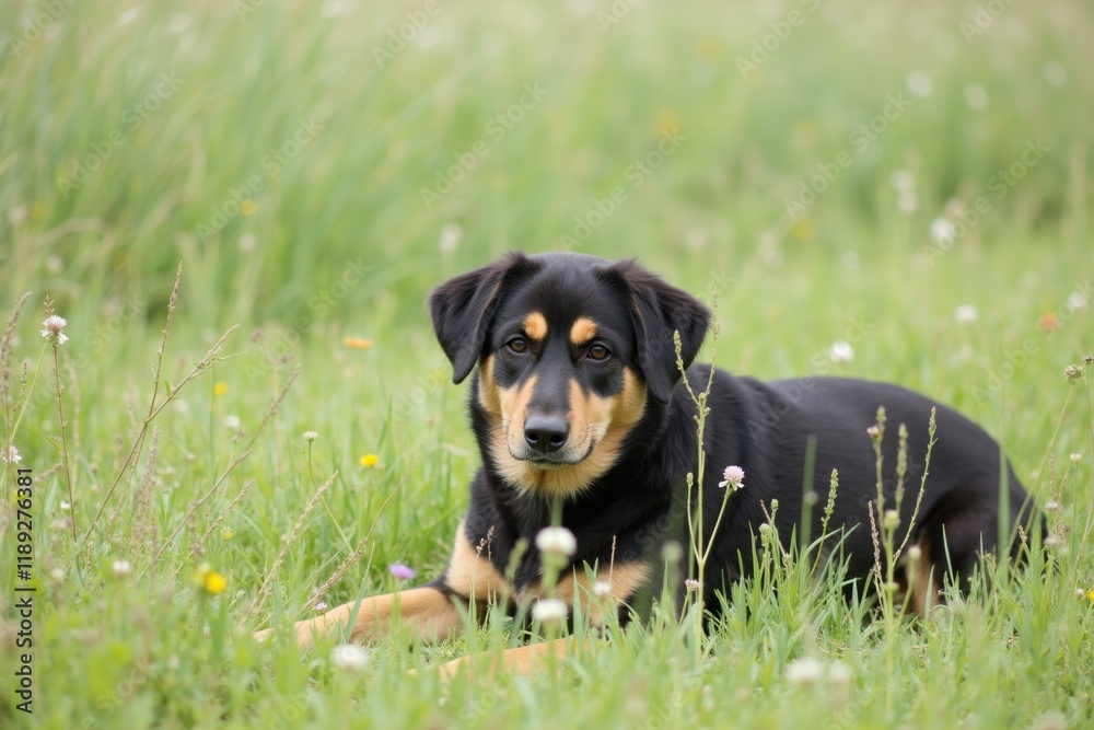 Calm Serenity: A Black and Tan Dog in a Gassy Field Calm Serenity: A Black and Tan Dog in a Gassy Field