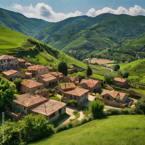 A serene village surrounded by green hills and nature showcasing rural tranquility and simplicity photo