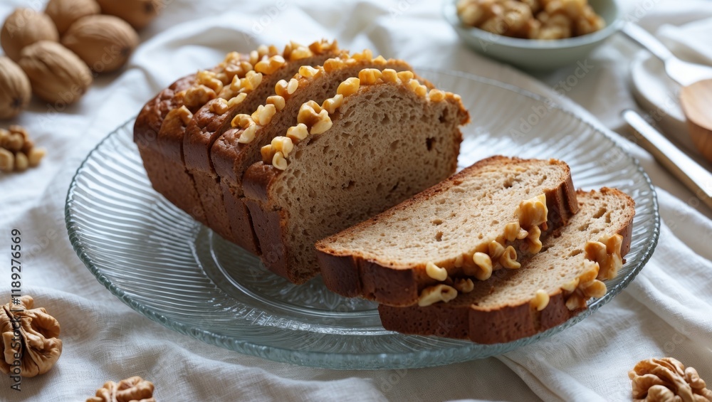 Sliced walnut bread displayed on elegant glass plate Sliced walnut bread displayed on elegant glass plate